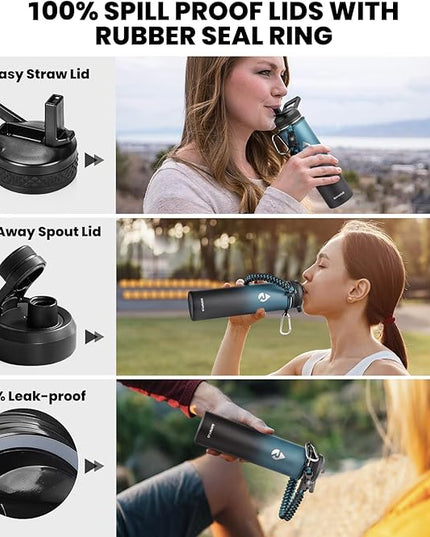 Insulated Water Bottle 24oz, Triple Wall Vacuum Stainless Steel (Cold for 48 Hrs, Hot for 24Hrs), Leak Proof & Non-BPA, 24oz Hydro Water Flask with Paracord Handle & Straw Spout Lids