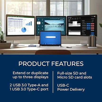 OREI SplitExtend Laptop Docking Station 3 Monitors – USB C Docking Station with 3X HDMI Ports, 2X USB 3.0 Ports, SD Card Reader, 100W PD – Thunderbolt 4 Dock with 4K@30Hz Outputs