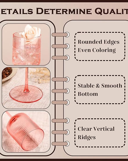 Pink Square Wine Glasses Set of 6, Elegant Ribbed Design Colored Crystal Glassware with Long Stem, 11.5oz Hand Blown Stemware For Red & White Wine Home Bar Party