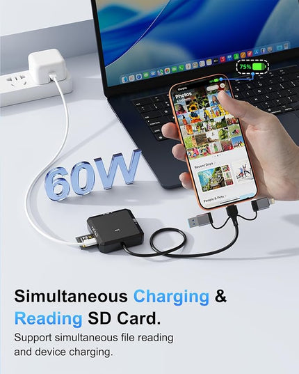 8-in-1 Multi Card Reader, USB-C USB-A Lightning 3-Port Connector to SD, TF, CF, MS, USBA, USBC, OTG SD Memory Card Reader Adapter for iPhone17/16/iPad/Android/Mac/PC with Windows/Mac/Linux/Chrome OS