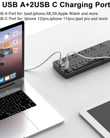 6 Ft Extension Cord Power Strip, Teiobar Surge Protector with 12 AC Outlets and 4 USB Ports for Home, Office, Dorm Essentials, 1875W/15A, 2700 Joules, ETL Listed, Black