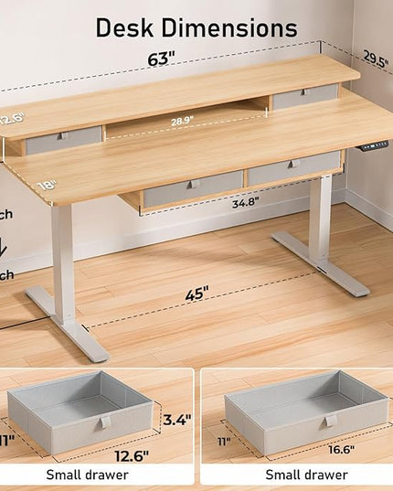 Electric Standing Desk, 63 * 30 Inches Adjustable Height with 4 Drawers, Double Storage Shelves, Home Office Workstation Sit Stand up Desk (Nature)