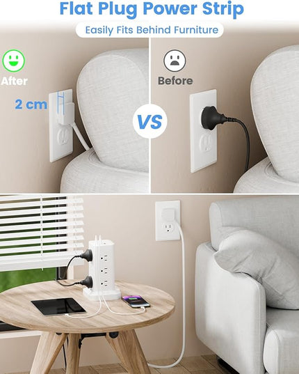 Power Strip Tower with Surge Protector 1800J, Fast Charging PD20W USB-C Ports with 12 AC Outlet Extenders, 10ft Extension Cord for Home Office Dorm Room Essentials, White