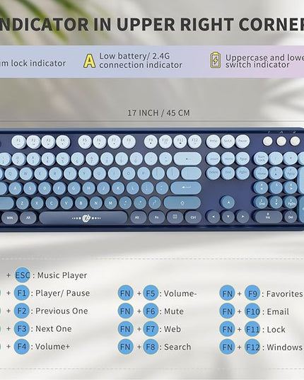 FOPETT Wireless Keyboard and Mouse Combo - 2.4G Full-Sized Cute Colorful Mouse and Keyboard with 104 Round Keys Retro Typewriter Keyboard for Laptop/Windows/PC - Blue Gradient