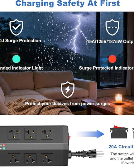JUNNUJ Heavy Duty Surge Protector Power Strip with 6 Plug 4 USB Ports, 20 Amp 12 Gauge 6 FT Extension Cord with Multiple Outlets. Metal Wall Mount Outlet Extender for Garage Industrial Shop