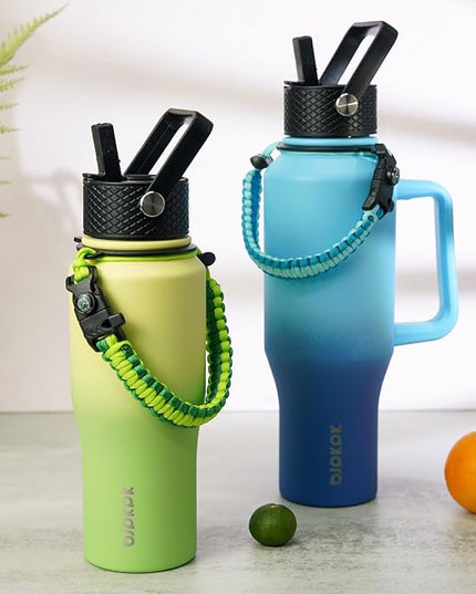 BJPKPK Insulated Water Bottles with Straw Lid, 35oz Metal Water Bottle with 2 lids & Paracord Strap, Double Wall Stainless Steel Tumbler with Handle, Reusable Cups, Mugs, Thermo, Fresh Green