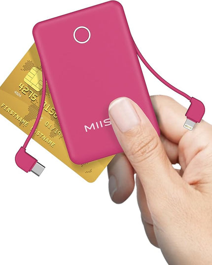 miisso 6000mah Ultra Slim Built in Cables Power Bank, Card Size Built in USB C Cords Battery Pack Portable Charger for Phones, 3 Output External Battery Pack Compatible with iPhone, Plum Red