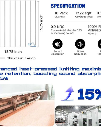 10Pack Large Self-Adhesive Soundproof Wall Panels, 15.7 x 15.7 x 0.4in Sound Proof Foam Panels for Walls, 0.9lb/ft³ High Density,Acoustic Panels, Sound Dampening Panels White