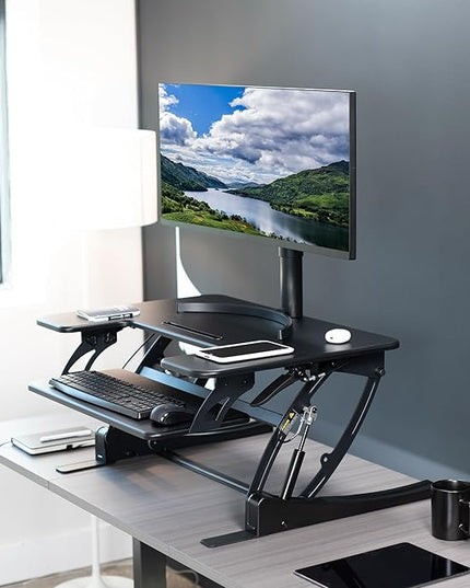 VIVO 32 inch Height Adjustable Stand Up Desk Converter, V Series, Quick Sit to Stand Tabletop Dual Monitor Riser Workstation, Black, DESK-V000VS