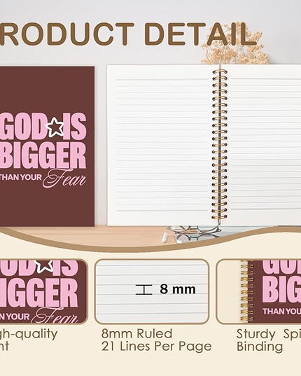 Christian Spiral Journal Notebook 5.5x8.3in, Bible Scripture Journal for Woman, God is Bigger than Your Fear Spiritual Religious Notebooks for Note Taking, Hardcover Notebook