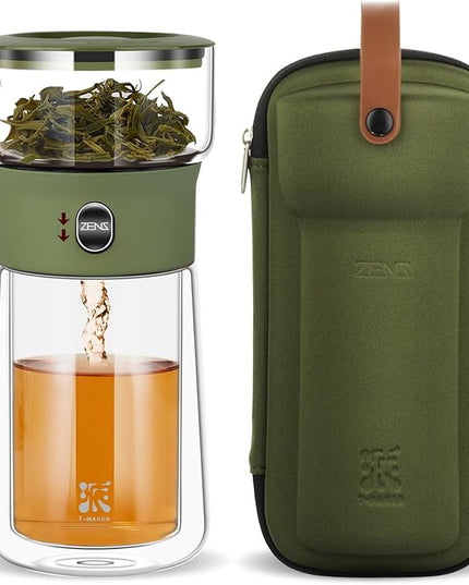 ZENS Modern Glass Infuser Teapot, Smart One Touch Tea Maker for Loose Tea Diffusers with Insulated Mug and Portable Case, Enchanted Teapot Alternatives for Tea Lover Gifts