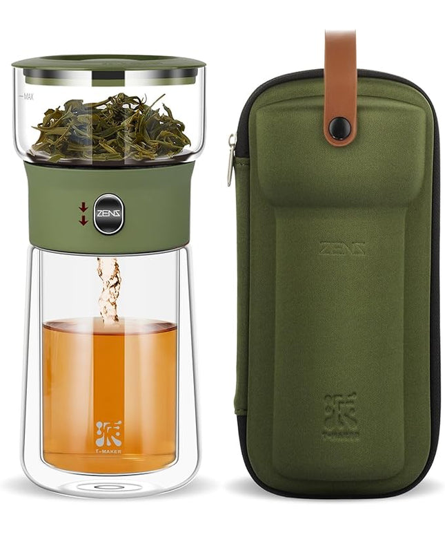 ZENS Modern Glass Infuser Teapot, Smart One Touch Tea Maker for Loose Tea Diffusers with Insulated Mug and Portable Case, Enchanted Teapot Alternatives for Tea Lover Gifts