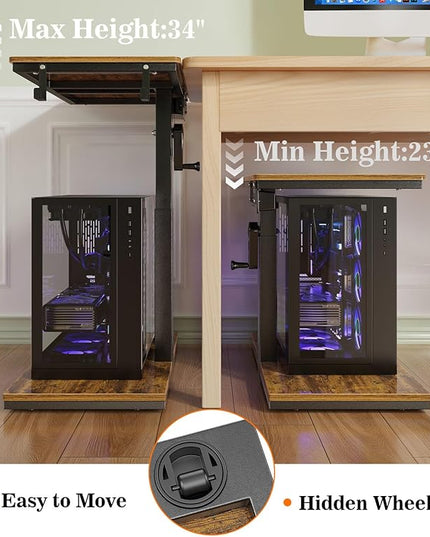 Height Adjustable Computer Tower Stand with Wheels and Charging Station,2-Tier PC Stand for Floor or Carpet,PC Holder Under Desk for ATX-Case,Office,Home,Gaming Room