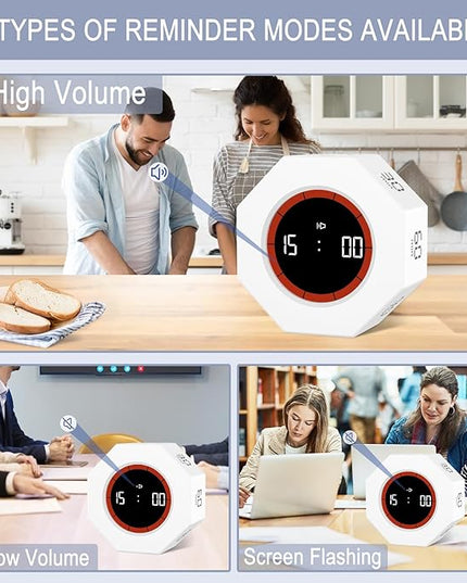 GuDoQi Digital Productivity Timer, Octagon Rotating Pomodoro Timers with Gravity-sensor, 1-3-5-15-30-60-90 Min Countdown, Portable Adjustable Sound Alert Multi Desk Timer or Study Task, Kitchen, White