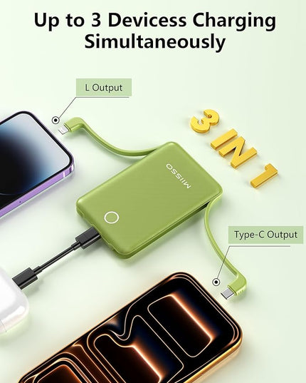 miisso 10000mAh Mini Portable Charger with Built in Cable, Pocket Size Power Bank Travel External Battery Pack for Phone, 3 Output USB Type C Cord Clutch Compatible with iPhone, Samsung, Green