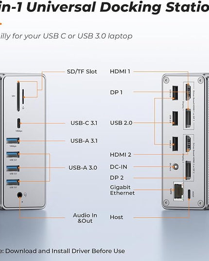 DisplayLink Docking Station Dual Monitor 4K@60HZ for MacBook, Windows, TobenONE Universal Mac mini M4 Dock with 2 HDMI & 2 DP, 65W Power Delivery, 7 USB, USB-C 3.1, Ethernet, SD/TF