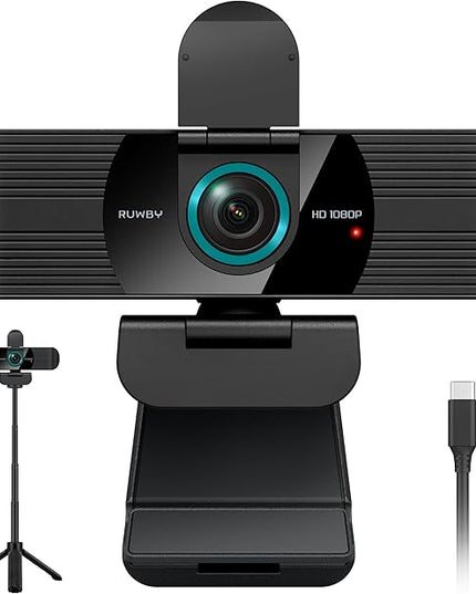 RUWBY Full HD 1080P Webcam with Built-in Dual Mics, Wide-Angle Lens, Privacy Cover, Tripod Stand, Autofocus PC Camera, Plug and Play for Desktop Computer or Laptop