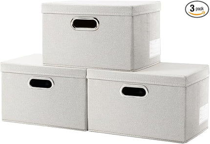 PRANDOM Storage Boxes with Lids [3-Pack] Linen Fabric Foldable Storage Bins Organizer Containers Baskets Cube with Cover for Closet Office Nursery Beige（11.4X8.6X6.7