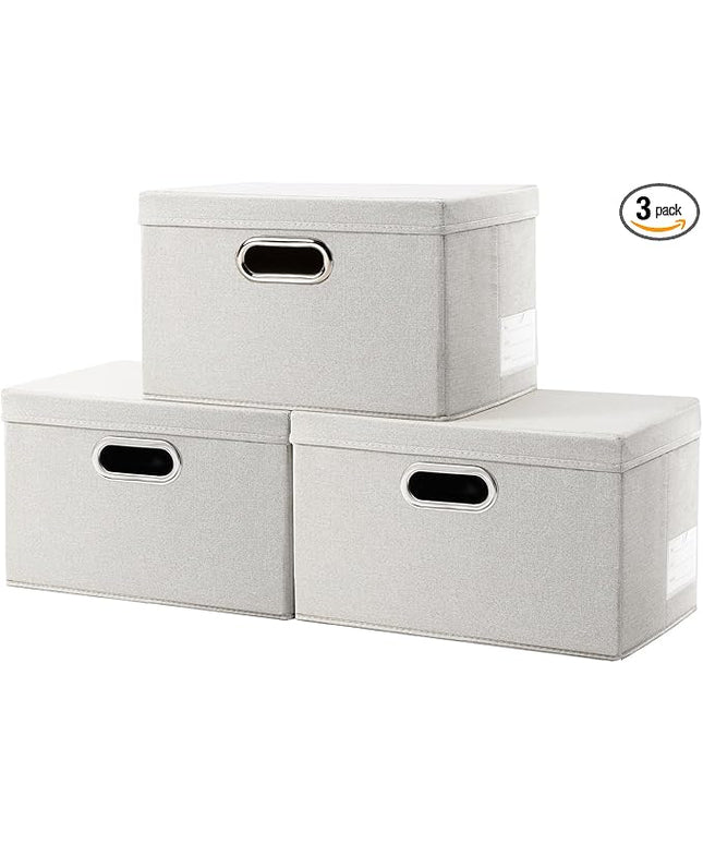 PRANDOM Storage Boxes with Lids [3-Pack] Linen Fabric Foldable Storage Bins Organizer Containers Baskets Cube with Cover for Closet Office Nursery Beige（11.4X8.6X6.7