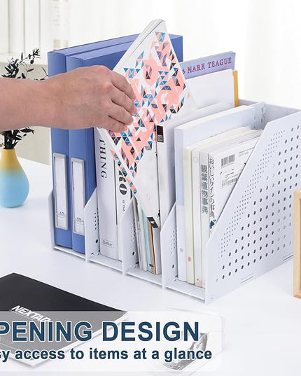 Collapsible Magazine File Holder with 4 Vertical Compartments Foldable Binder Holder for Desk Binder Storage Organizer Plastic Magazine Holders for Shelf, Light Gray