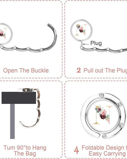 Iqimott 3pcs Personalized Initial Foldable Purse Hook for Table, Flower Letter Folding Handbag Hanger Portable Magnet Table Hook Holder, Collection Desk Purse Hooks for Women Bag (Pink-N)