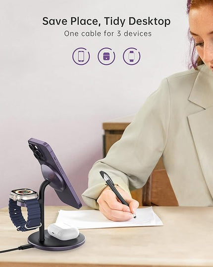 XooFly 3 in 1 Wireless Charging Station for Apple Devices, Fast Wireless Mag-Safe Charger Stand with 20W Adapter for iPhone 17/16 15 14 13 12 Pro Max/Pro/Plus/Air/Mini, iWatch, AirPods(Dark Purple)