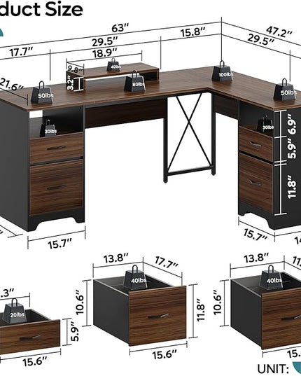 Bestier L Shaped Desk with 4 Drawers, 63" x 47" Executive Desk with Open Storage & Monitor Stand, Corner Desk with 2 File Drawers & Modesty Panel for Home Office, Cherry