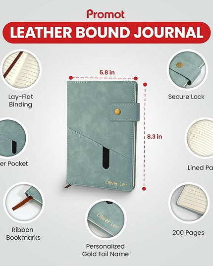 Promot Personalized Notebook - A5 Lined Leather Bound Journal for Writing Women Men - Hardcover Executive Notebook, Daily Journal, Travel Diary, Gift Idea, Custom Embossed Text with Gold Metallic Foil