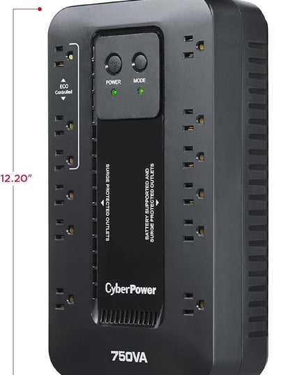 CyberPower EC750G Ecologic Battery Backup & Surge Protector UPS System, 750VA/450W, 12 Outlets, ECO Mode, Compact Uninterruptible Power Supply, Black