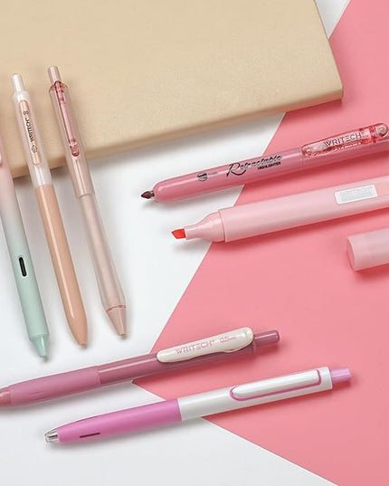 WRITECH Gel Pens Journaling Highlighters: Journal Set Aesthetic Assorted Pastel Color Ink 0.5mm Fine Point Retractable 0.7mm Black Pen Smooth Writing Drawing No Bleed 7ct (Pink)