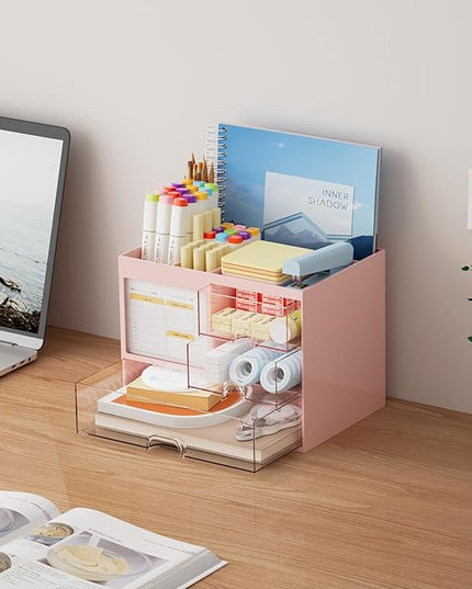Marbrasse Desk Organizer with 3 Drawer, Multi-Functional Pencil Pen Holder for Desk, Desk Organizers and Accessories with 4 Compartments, Desktop Organizer Storage for Office Home Art Supplies (Pink)