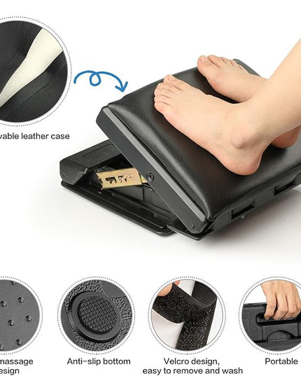 Adjustable Footrest with Removable Soft Foot Rest Pad Max-Load 140Lbs with 4-Level Height and Angle Adjustment Massage Footrest Under Desk for Car Travel, Kid's Writing, Office