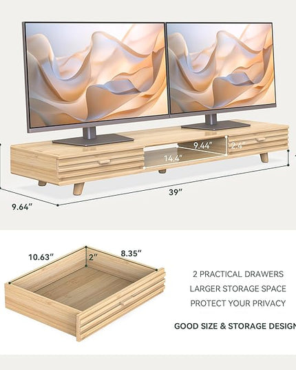 Bamboo Monitor Stand with Drawer - Desk Organizer with Cable Management & Storage, Ergonomic Laptop Riser for Home Office (220lbs Capacity, 39 inch ,Natural)