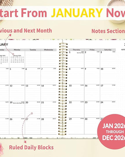 SUNEE 2026 Appointment Book 15-Minute Time Block - Daily, Weekly & Monthly Spiral Planner with Note Section - Thick Paper, Lay-Flat Bound - 8.5 x 11 for Office, School, Men & Women, Wildflowers