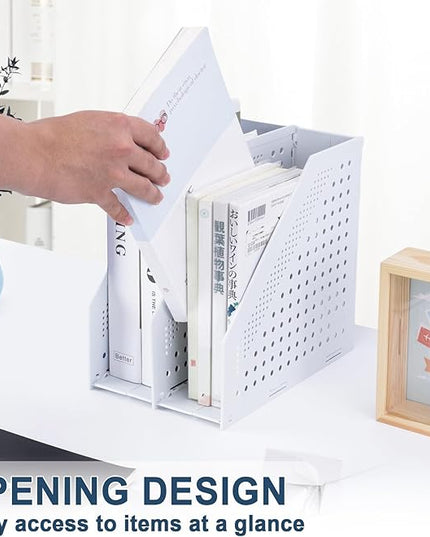 Collapsible Magazine File Holder with 2 Vertical Compartments Foldable Binder Holder for Desk Binder Storage Organizer Plastic Magazine Holders for Shelf, Light Gray