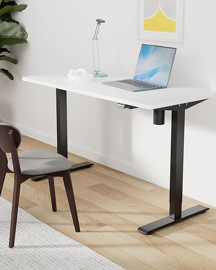 SANODESK Electric Standing Desk 55 x 28 Inches Whole-Piece Desktop Height Adjustable Stand Up Desk w/6-Button Controller Ergonomic Computer Desk for Home Office, Black Frame + White Tabletop