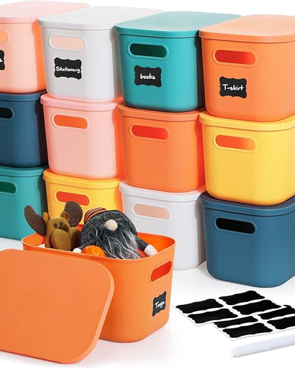 Thyle 12 Pack 7 Quarts Plastic Storage Bins for Christmas Storage with Lids Handles Colorful Stackable Desktop Box Bins with Marker Label for Shelf Drawer,10 x 7 x 6 Inch (Multicolored)