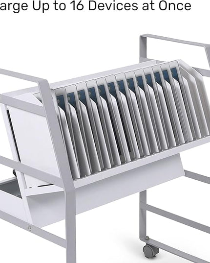 Line Leader 16-Device Mobile Charging Station | Steel Rolling Cart for Laptops, Tablets, & Chromebooks | Open Design with Dividers & UL-Certified Surge Protection | Portable Charging Stand (White)
