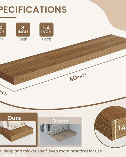Dreamland Deep Floating Shelves, 8" Deep Long Shelves Set of 2, 40 Inches Floating Shelf for Wall,Large Display & Storage Shelf for Bathroom Bedroom Living Room Kitchen Office, Walnut
