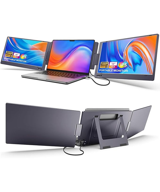 KYY 14" Portable Triple Monitor for Laptop, Laptop Screen Extender with Full HD IPS Display, Computer Extended Monitor Compatible with Mac, Windows, Chrome, Fits 12-16 Inch Laptops