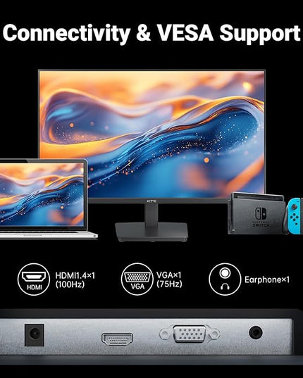 KTC 24 Inch FHD 1080P 100Hz Computer Monitor, VA Panel FreeSync PC Gaming Monitor, HDMI VGA Ports, HDR, 4000：1 Contrast, LowBlue Mode, Ergonomic Tilt Eye Care for Home Office