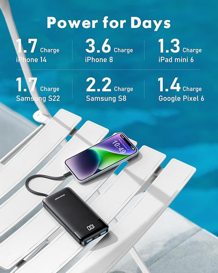 charmast Portable Charger with Built in Cables, Power Bank with Cords Wires, Slim 10000mAh Travel Battery Pack 6 Outputs 3 Inputs 3A Fast Charging for Samsung Google Pixel LG Moto iPhone iPad