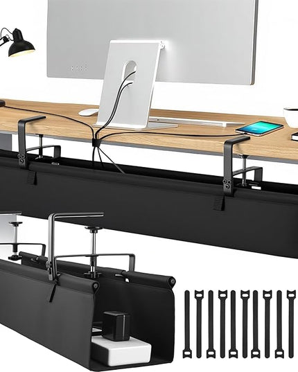 Desk Cable Management Tray, Fabric Cable Organizer, No Drill Large Clamp/Screw Mount Wire Organizer-Support Up to 30lbs, Standing Desk Cable Management for Office Home (Black,36 Inch)