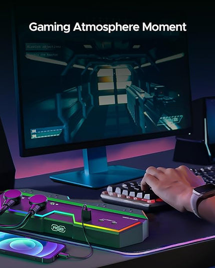 4000J Surge Protector Power Strip with USB Ports, 6 Outlet Power Strip with RGB Lights and PD 20W Fast Charging, Wide-Spaced Outlet Perfect for e-Sports, Game PC, Home and Offices
