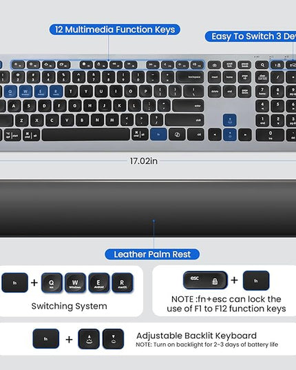 Wireless Keyboard, Bluetooth Keyboard with Leather Palm Rest, Backlighting, Multi-Device Pairing, USB C Rechargeable, for Windows, Mac, iOS, Android, Chrome, Office, Students, Long Hours Typing