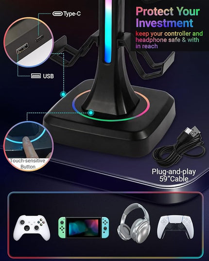 Controller Headset Stand with 10 Color Light Modes - RGB Headphone Holder for PS5, Xbox, Switch - Gaming Room Decor, Desk Organizer for Gamers