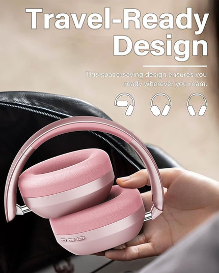 Wentronic Y05 Bluetooth Headphones Wireless Over Ear Noise Cancelling with Microphone 48 Hours Playtime, High Sound Quality Foldable Soft Earpads Headphones for Travel-Pink