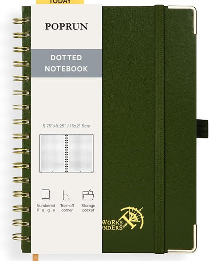 POPRUN Spiral Dotted Journal Notebook, [A5-5.75'' x 8.25''] - 120 GSM Thick Paper, 141 Numbered Pages, Hardcover for Men & Women with Pocket, Index Tabs, 8 Perforated Sheets, Olive