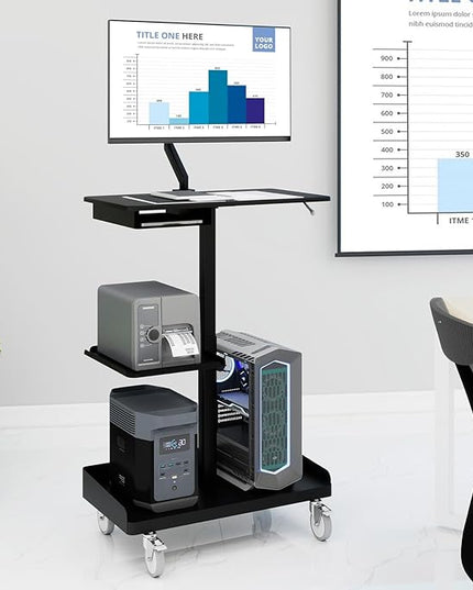 Natwind Mobile Workstation Cart with Monitor Mount,Height Adjustable Rolling Computer Cart, Heavy-Duty Rolling Standing Desk with CPU Holder for Home Office, School,Warehouse, Medical（Black）