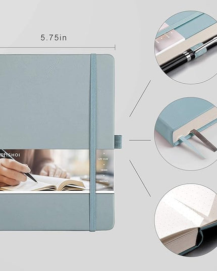 EMSHOI Dotted Notebook - 256 Pages A5 Dotted Grid Journal Notebook,120gsm Thick Paper,16 Perforated Pages, Smooth PU Leather, Inner Pocket,5.75'' × 8.38''-GrayBlue